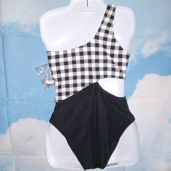 1-piece 1-shoulder cutout Black & White plaid Women’s Monokini size Small NEW - Picture 4 of 4